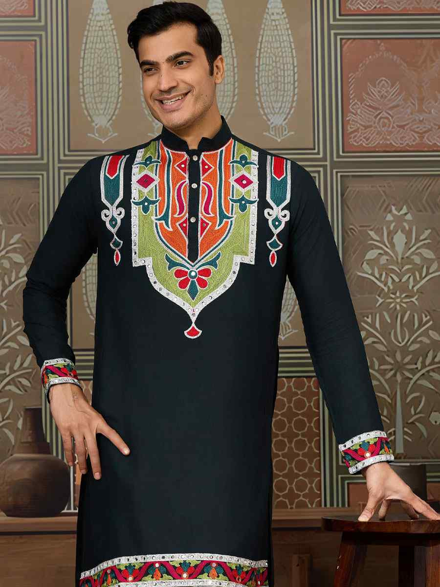 Green Cotton Embroidery Festival Wedding Party Kurta