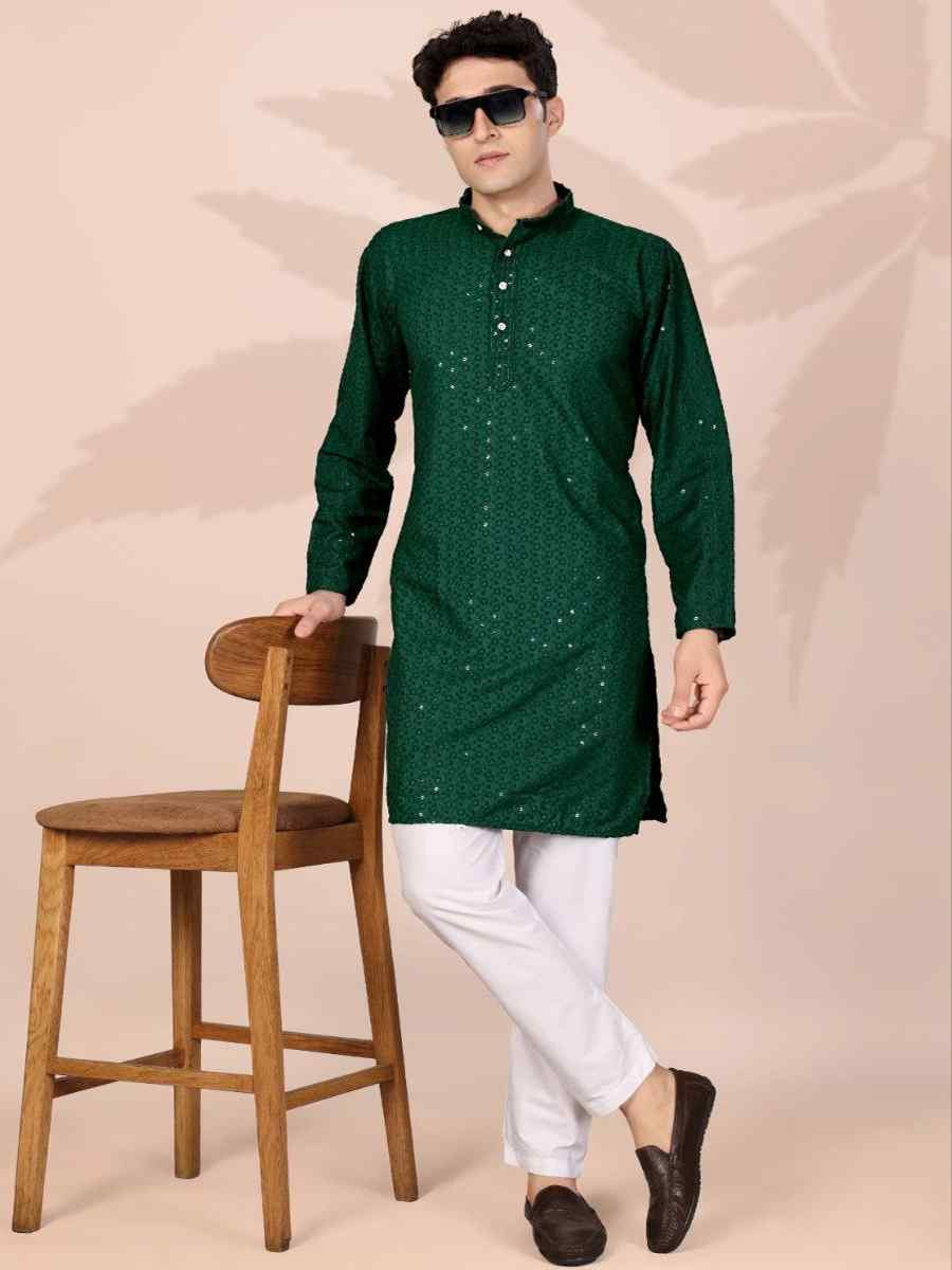 Green Cotton Embroidery Festival Wedding Party Mens Kurta