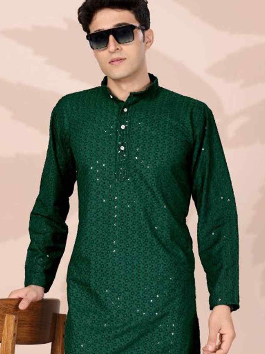 Green Cotton Embroidery Festival Wedding Party Mens Kurta