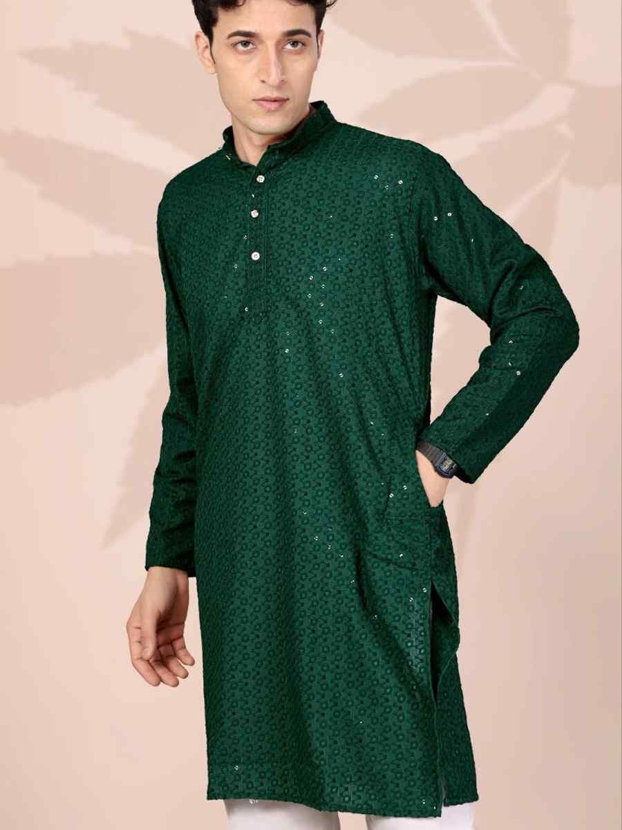 Green Cotton Embroidery Festival Wedding Party Mens Kurta