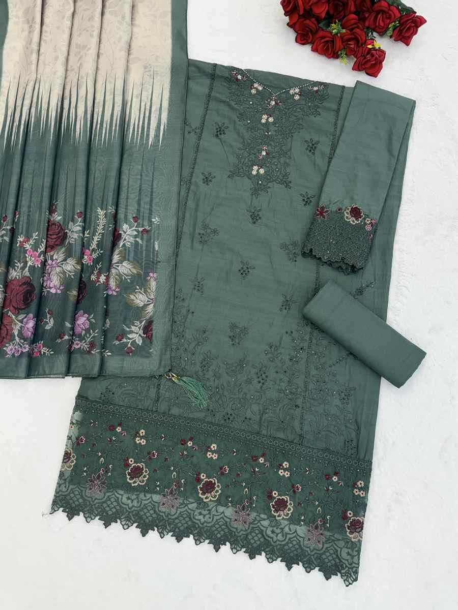 Green Cotton Embroidery Party Wedding Festival Casual Pant Salwar Kameez
