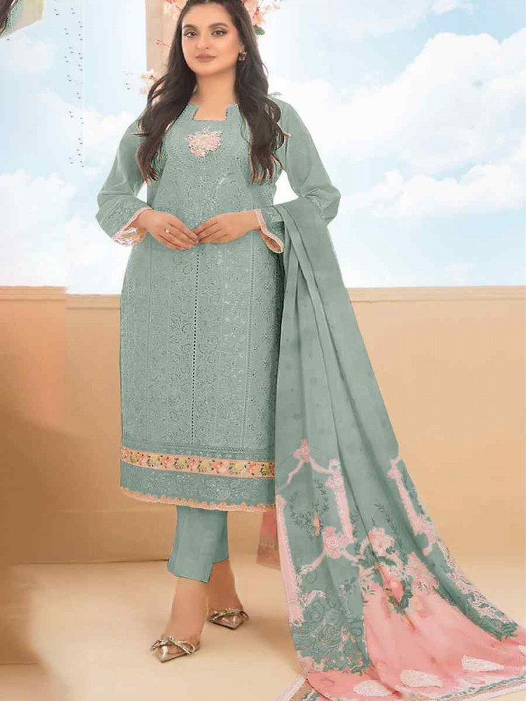 Image of Green Cotton Embroidery Party Wedding Festival Casual Pant Salwar Kameez