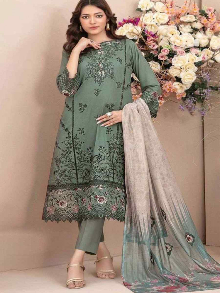 Image of Green Cotton Embroidery Party Wedding Festival Casual Pant Salwar Kameez
