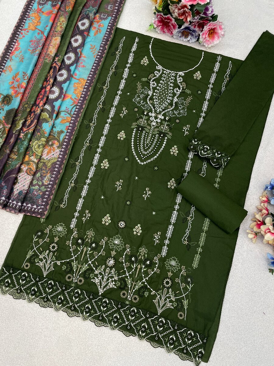 Green Cotton Embroidery Sequins Zari Wedding Party Festival Casual Pant Salwar Kameez