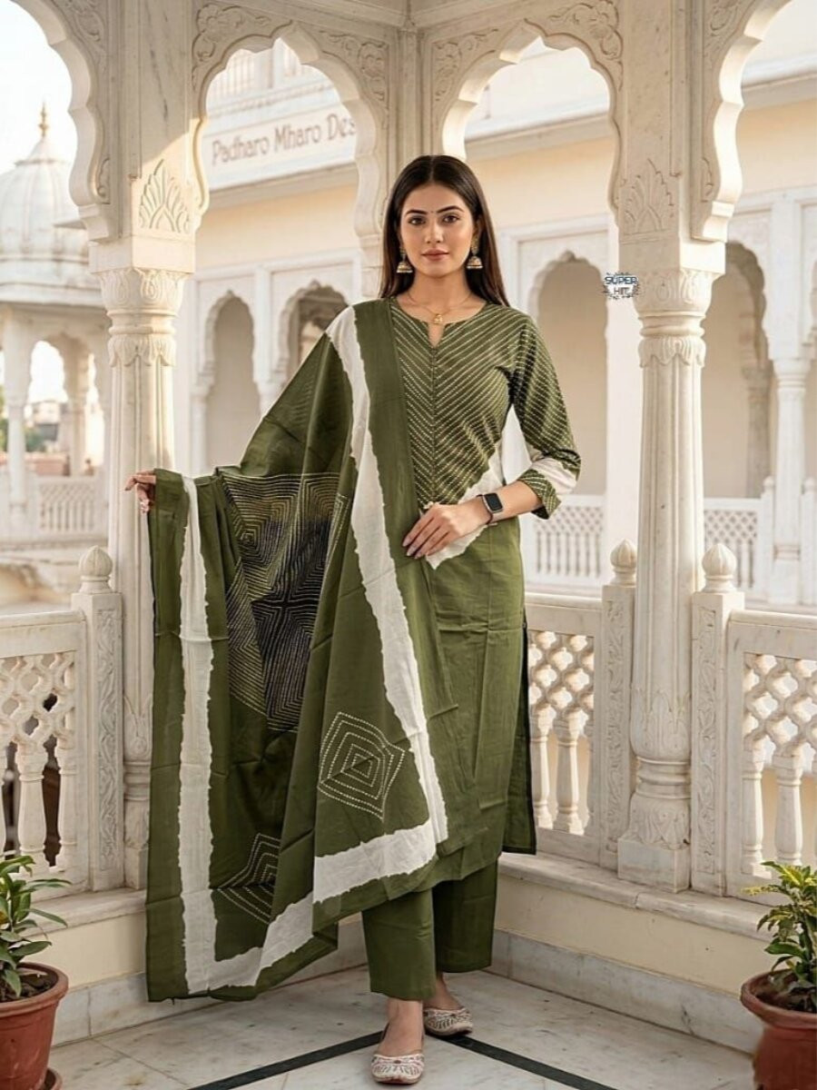 Green Cotton Embroidery Wedding Party Festival Ready Pant Salwar Kameez
