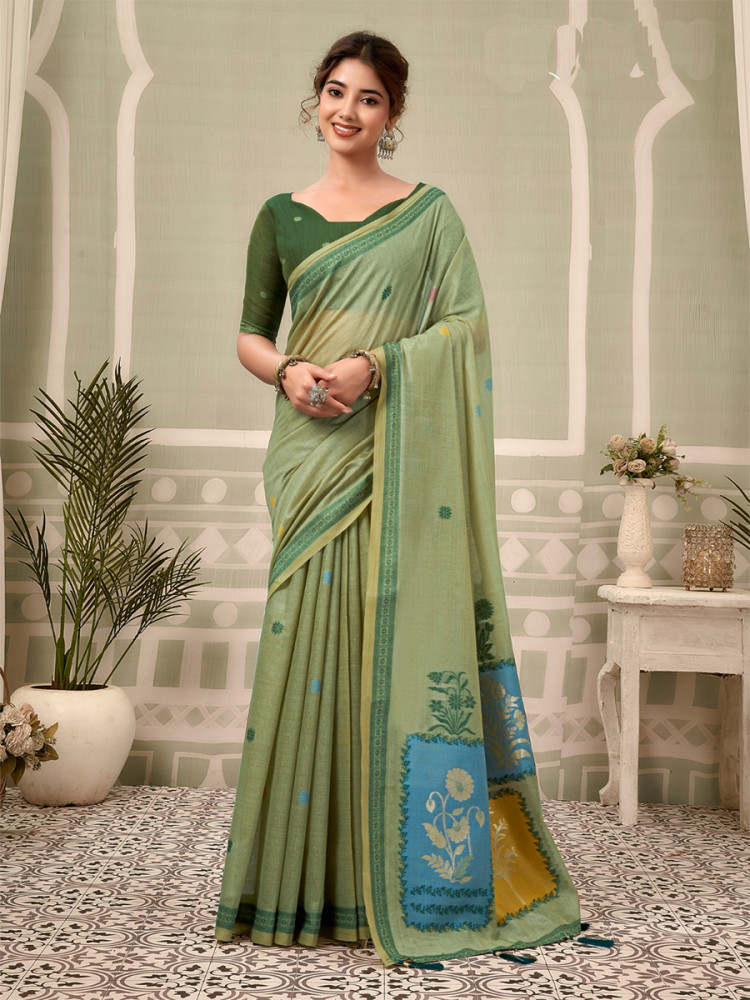 Image of Green Cotton Hand Block Printed Wedding Reception Party Festival Casual Heavy Border Sarees