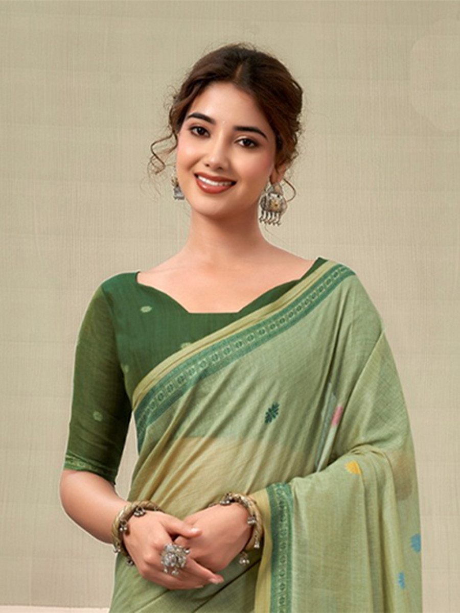 Green Cotton Hand Block Printed Wedding Reception Party Festival Casual Heavy Border Sarees