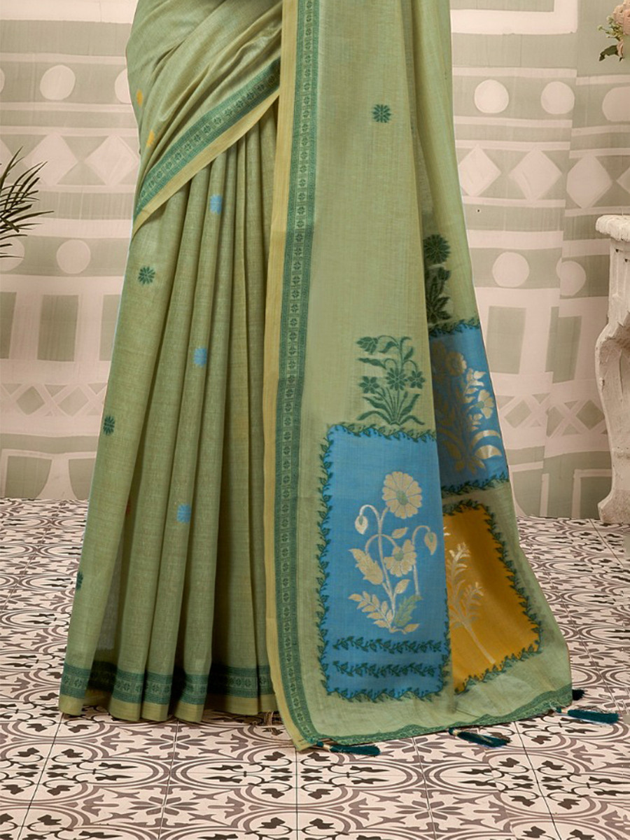 Green Cotton Hand Block Printed Wedding Reception Party Festival Casual Heavy Border Sarees