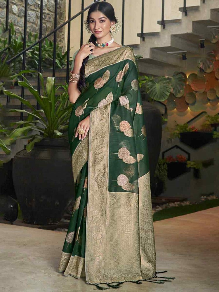 Green Cotton Handwoven Casual Festival Heavy Border Saree