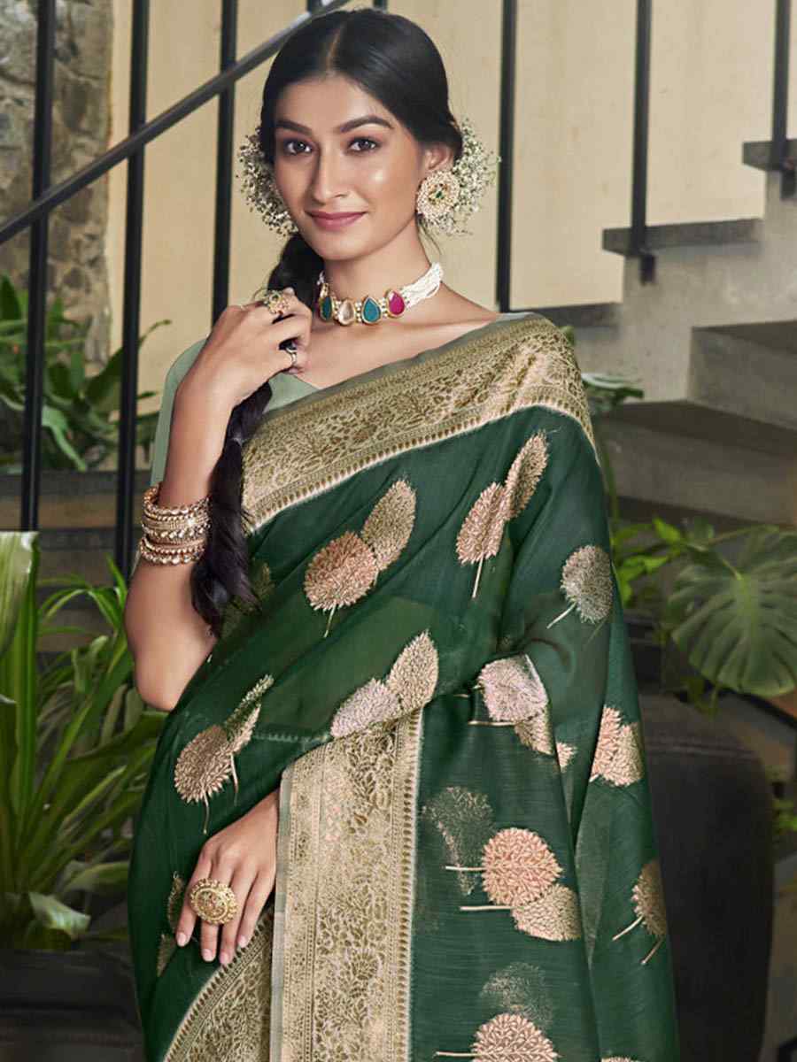 Green Cotton Handwoven Casual Festival Heavy Border Saree