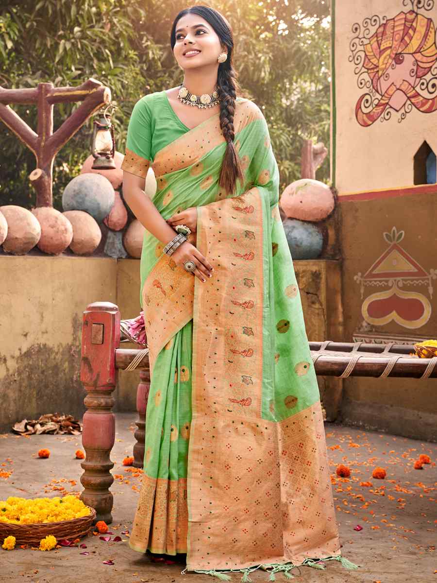 Green Cotton Handwoven Wedding Festival Heavy Border Saree
