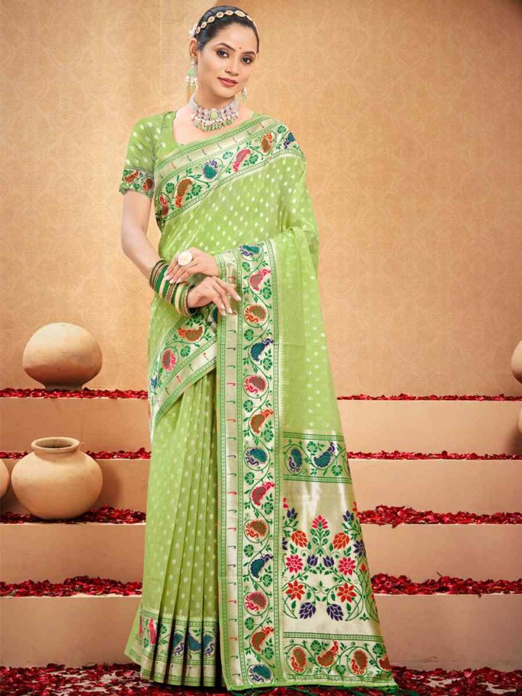 Green Cotton Handwoven Wedding Festival Heavy Border Saree