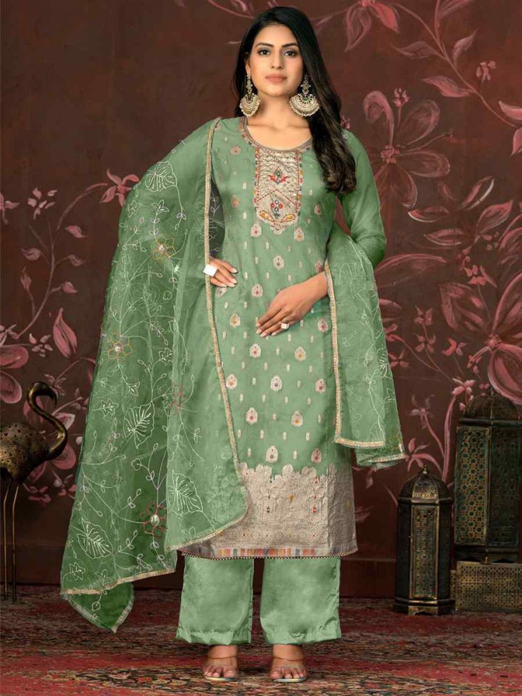 Green Cotton Jacquard Embroidered Casual Festival Pant Salwar Kameez