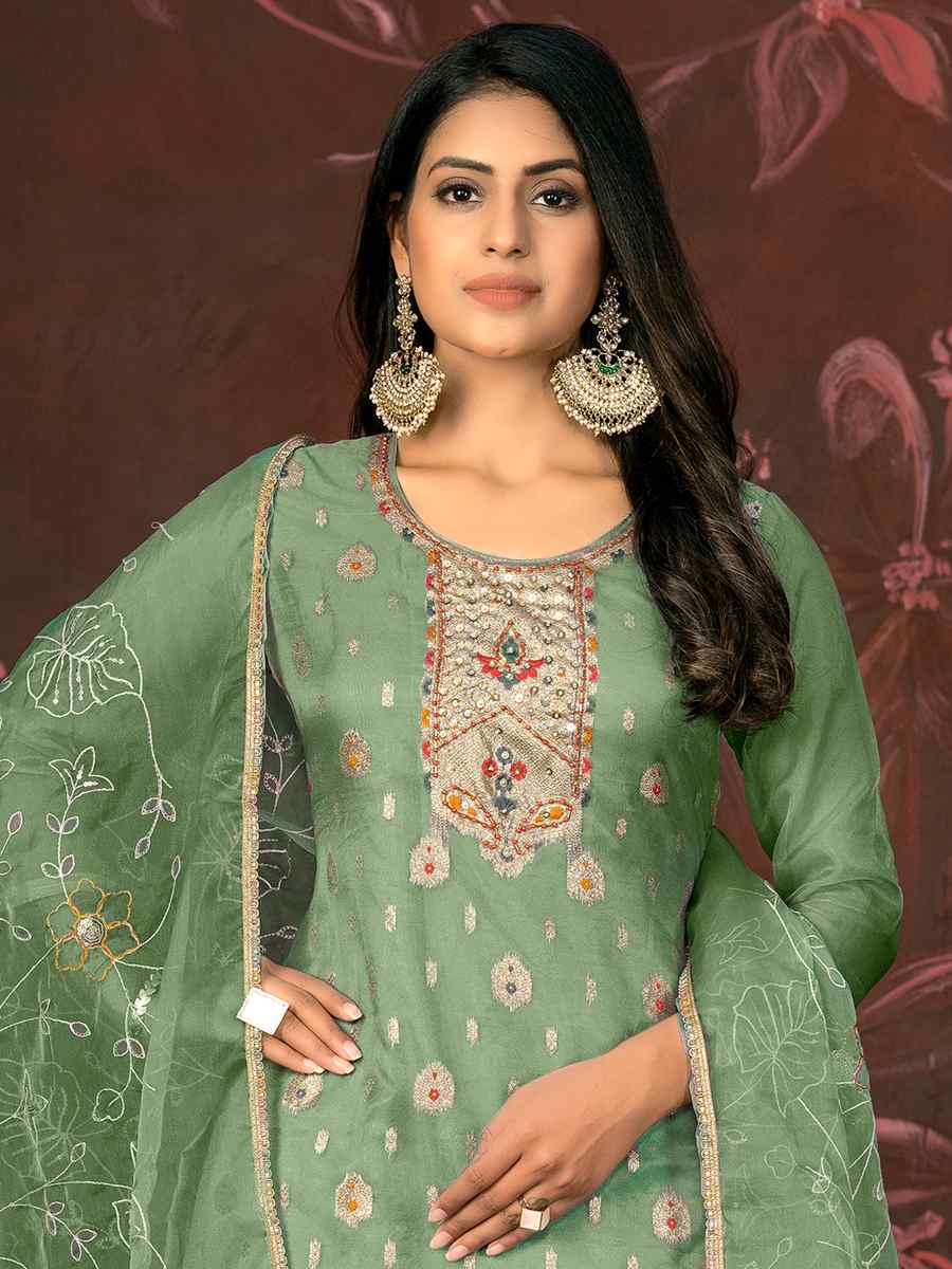 Green Cotton Jacquard Embroidered Casual Festival Pant Salwar Kameez
