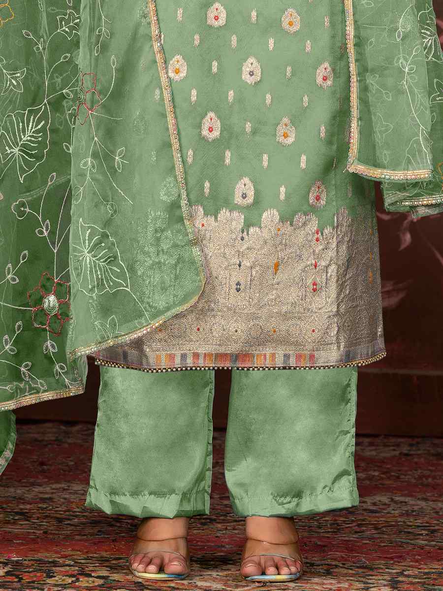 Green Cotton Jacquard Embroidered Casual Festival Pant Salwar Kameez