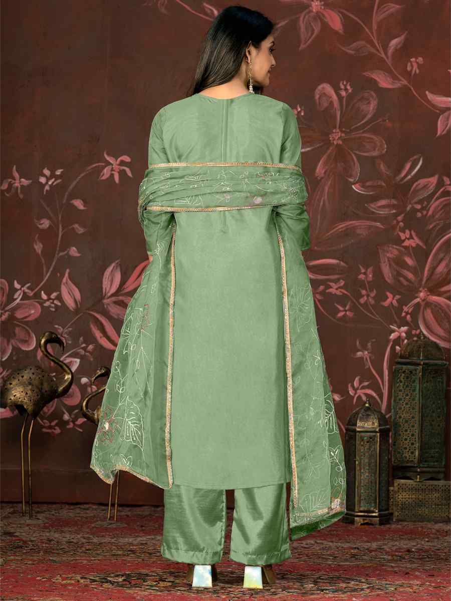 Green Cotton Jacquard Embroidered Casual Festival Pant Salwar Kameez