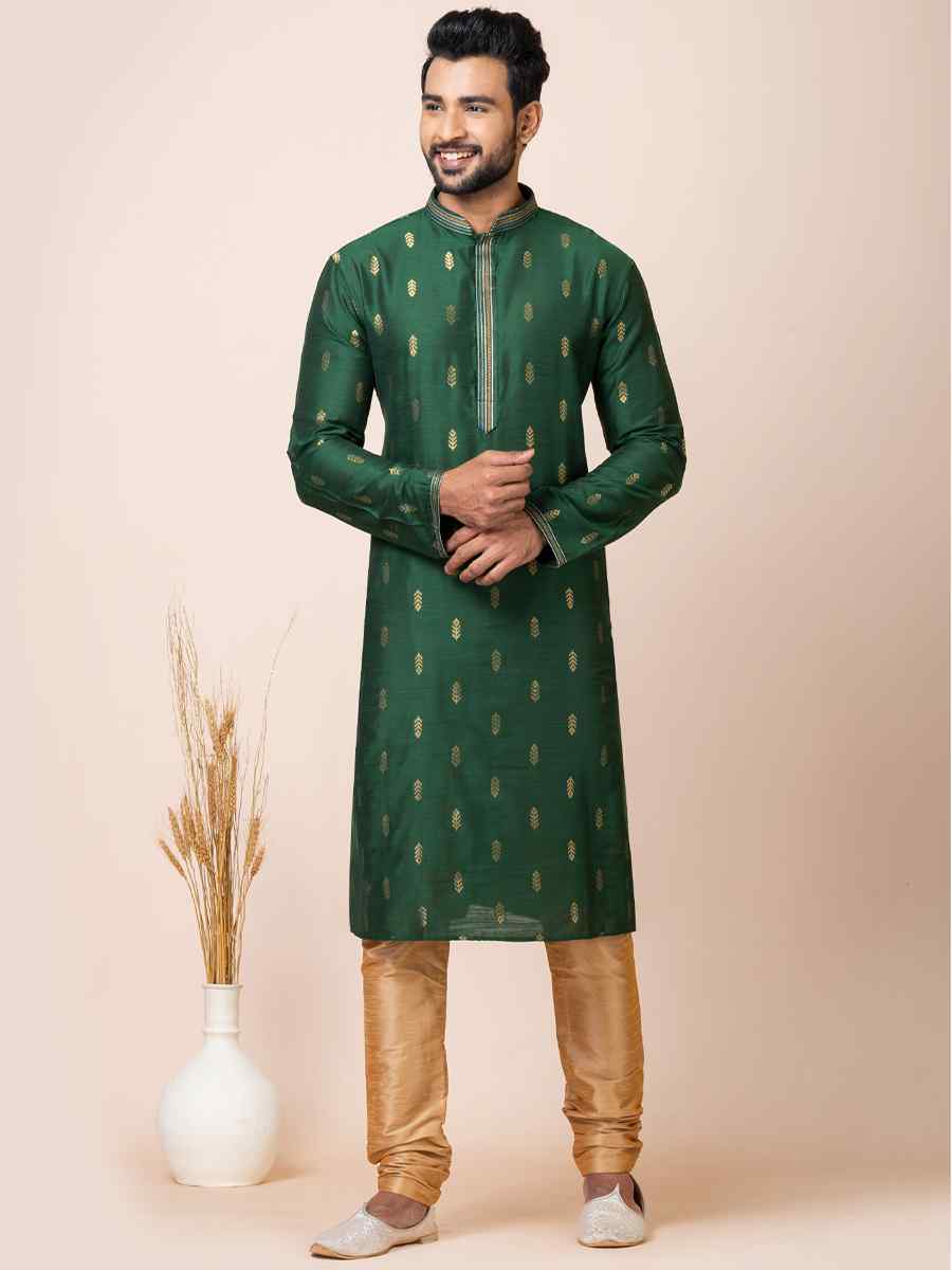 Green Cotton Jacquard Silk Woven Festival Mehendi Kurta