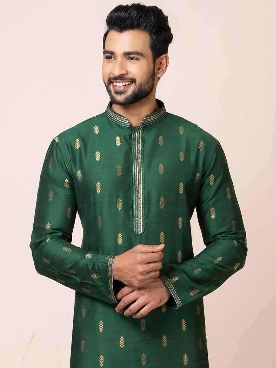 Green Cotton Jacquard Silk Woven Festival Mehendi Kurta