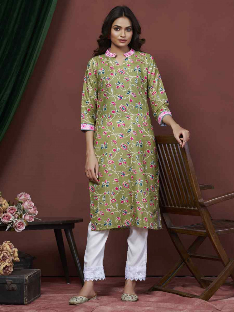 Green Cotton Linen Embroidered Festival Casual Kurti