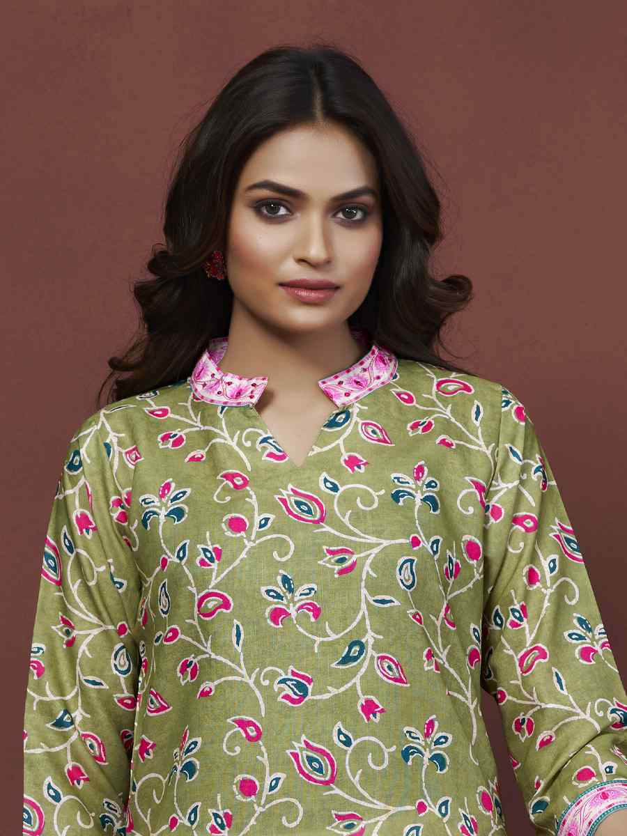 Green Cotton Linen Embroidered Festival Casual Kurti