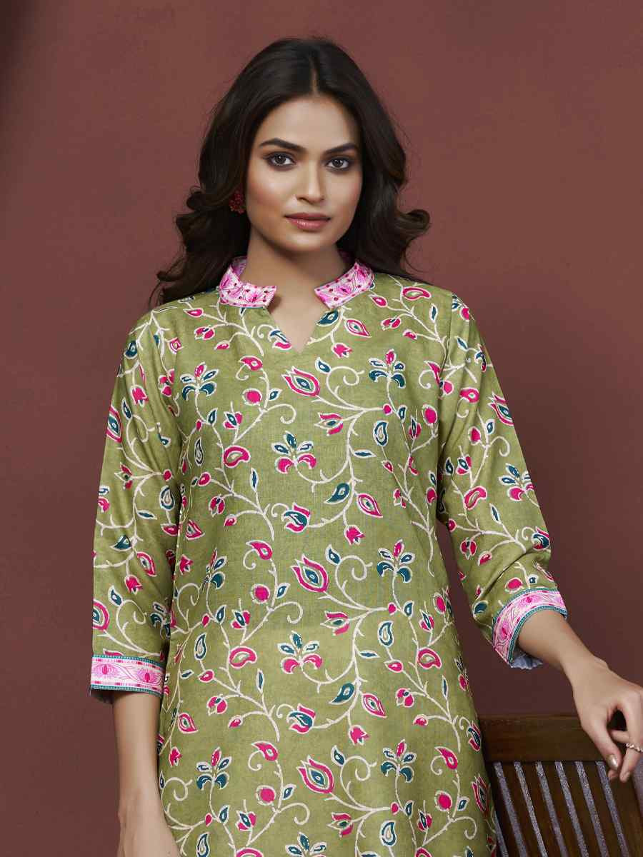 Green Cotton Linen Embroidered Festival Casual Kurti