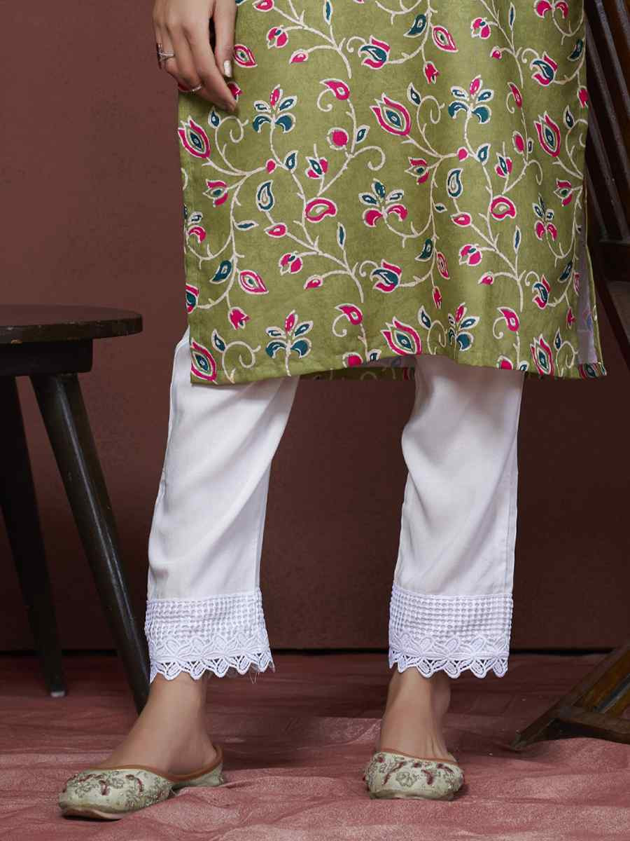 Green Cotton Linen Embroidered Festival Casual Kurti