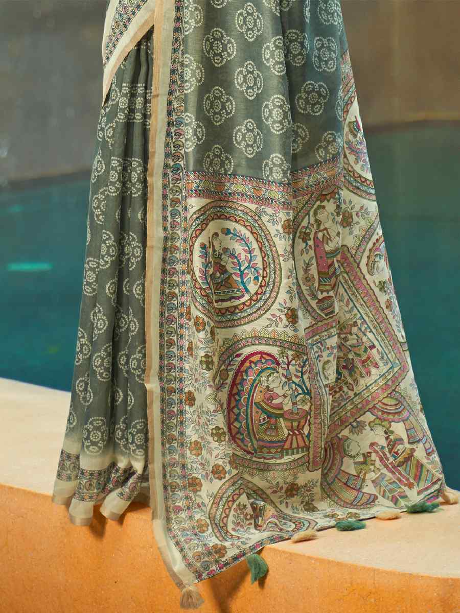 Green Cotton Printed Casual Festival Contemporary Saree