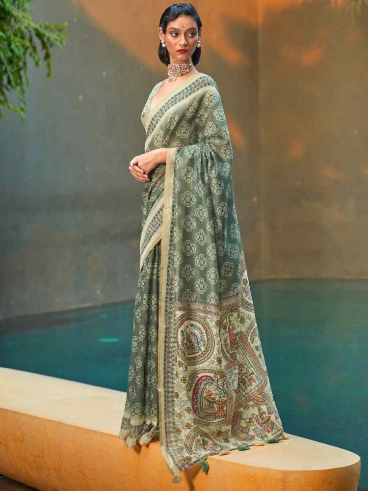 Green Cotton Printed Casual Festival Contemporary Saree