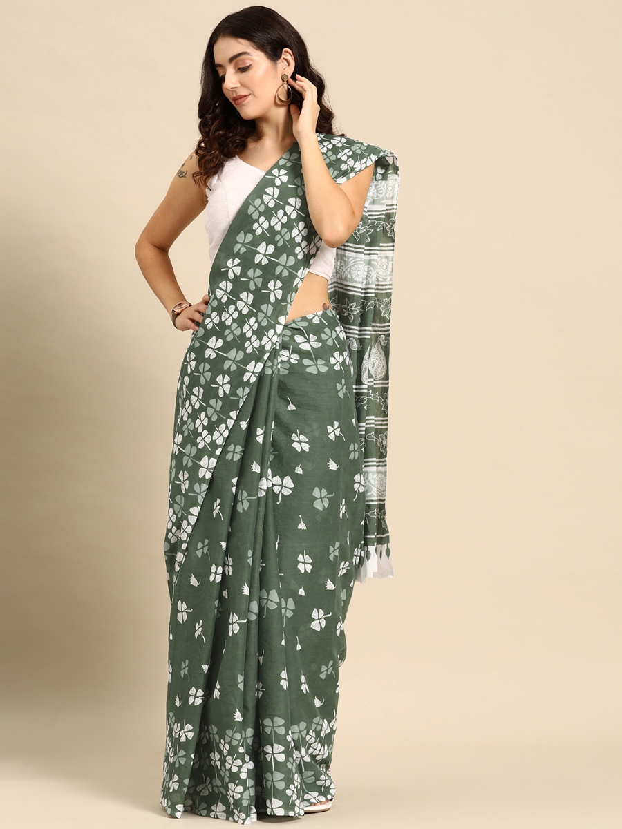 Green Cotton Printed Festival Casual Contemporary Sarees