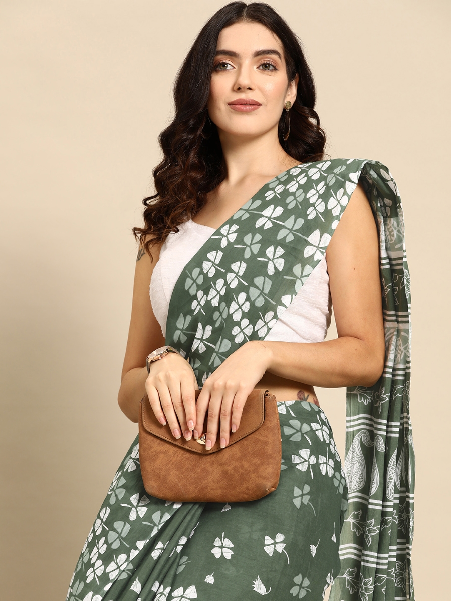 Green Cotton Printed Festival Casual Contemporary Sarees