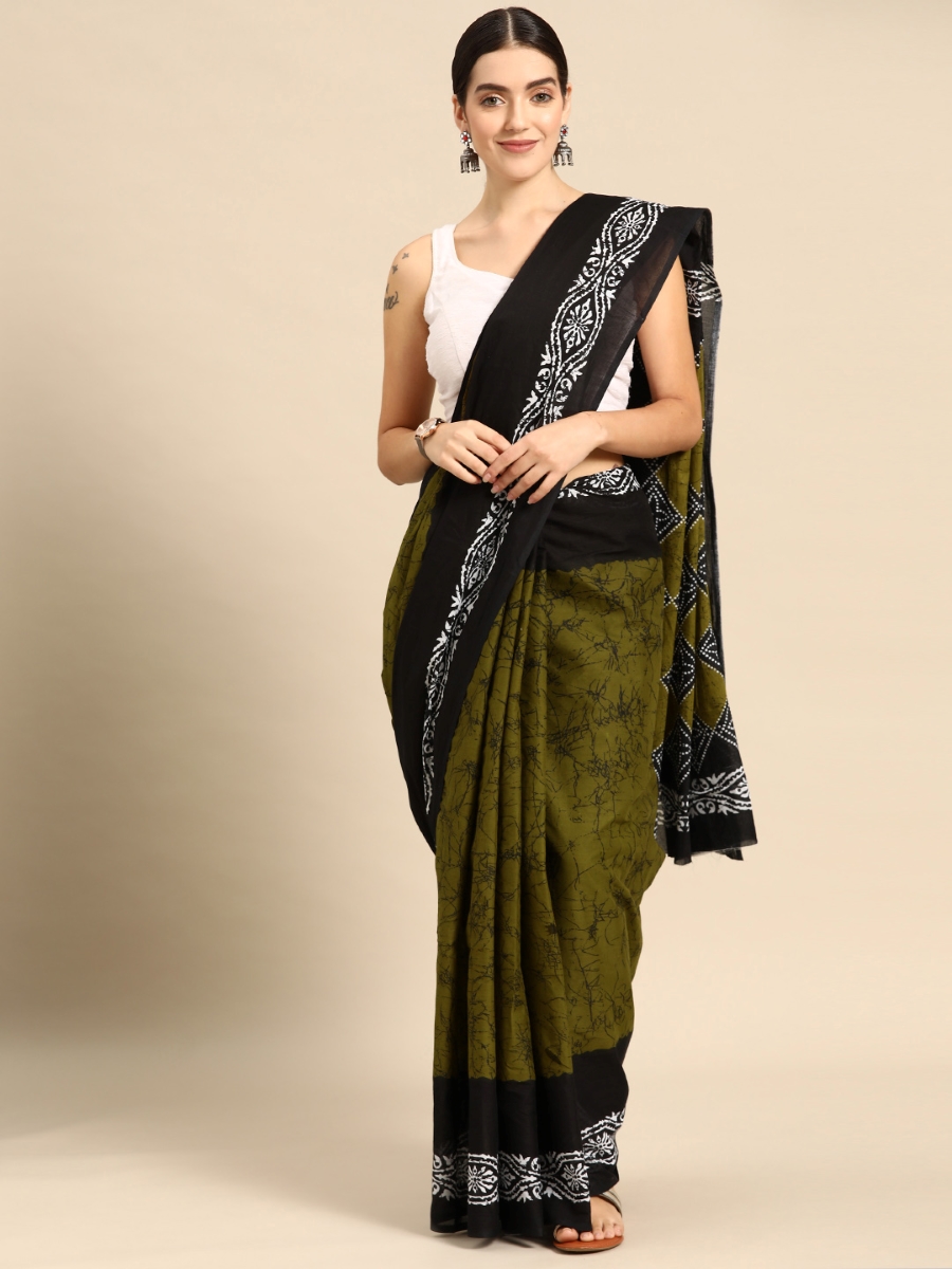 Green Cotton Printed Festival Casual Contemporary Sarees