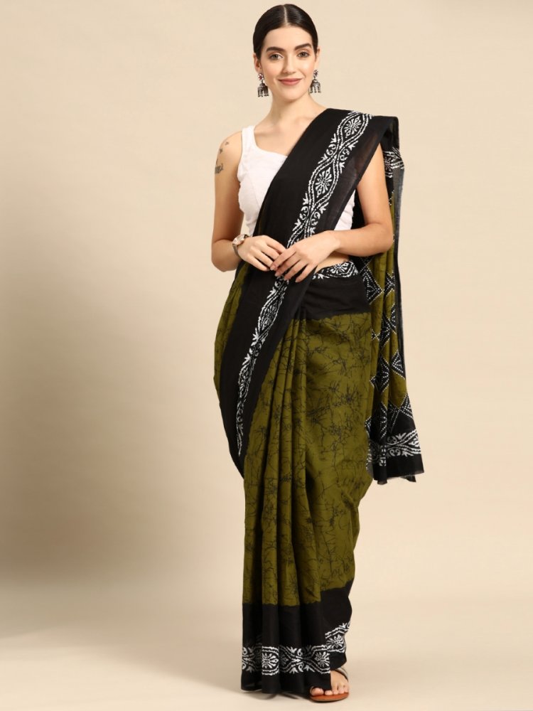 Green Cotton Printed Festival Casual Contemporary Sarees