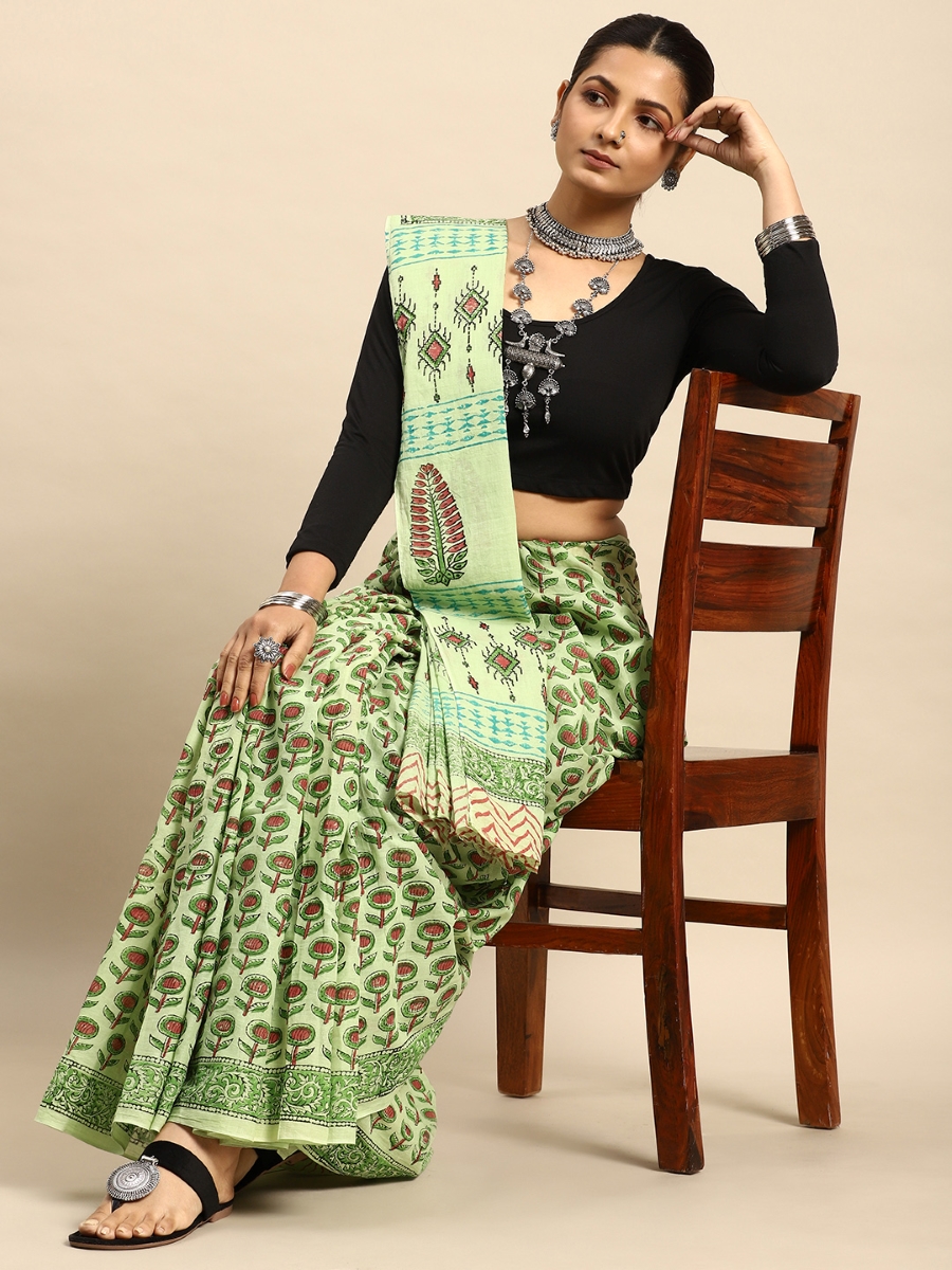 Green Cotton Printed Festival Casual Contemporary Sarees