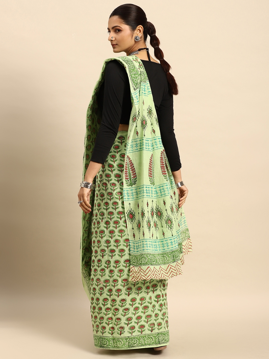 Green Cotton Printed Festival Casual Contemporary Sarees