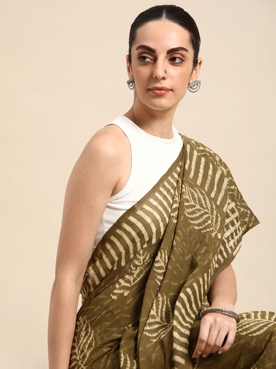 Green Cotton Printed Festival Casual Contemporary Sarees