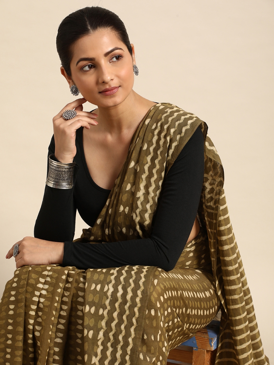 Green Cotton Printed Festival Casual Contemporary Sarees