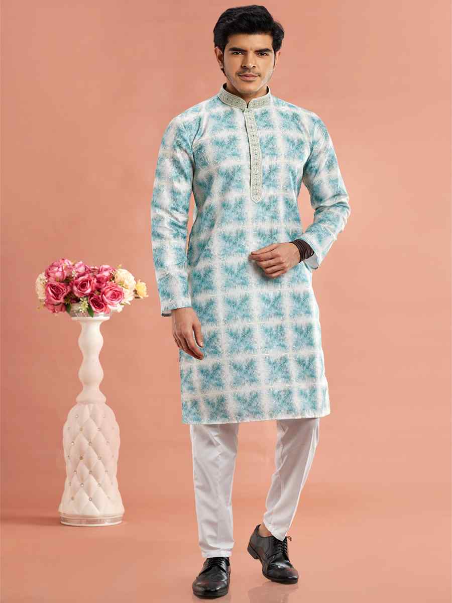 Green Cotton Printed Festival Casual Kurta