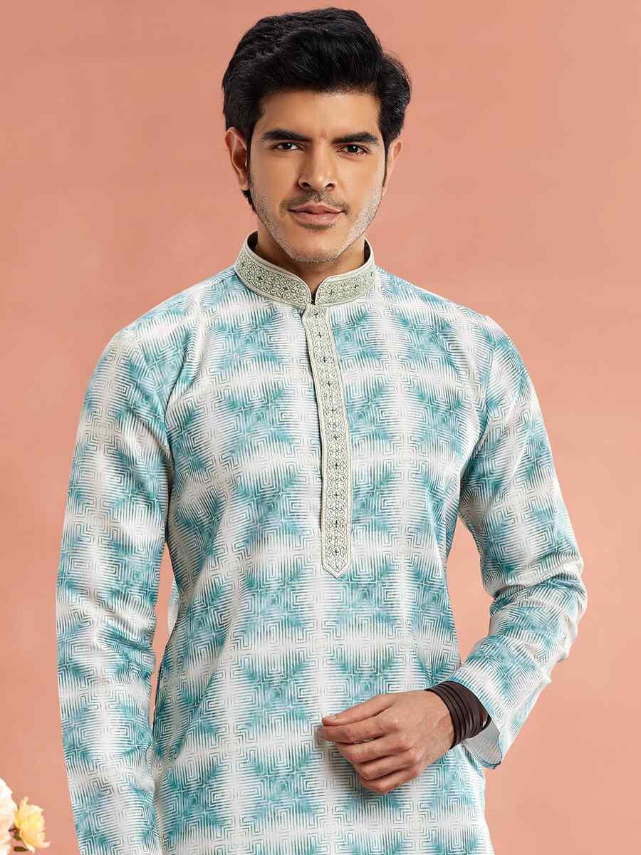 Green Cotton Printed Festival Casual Kurta