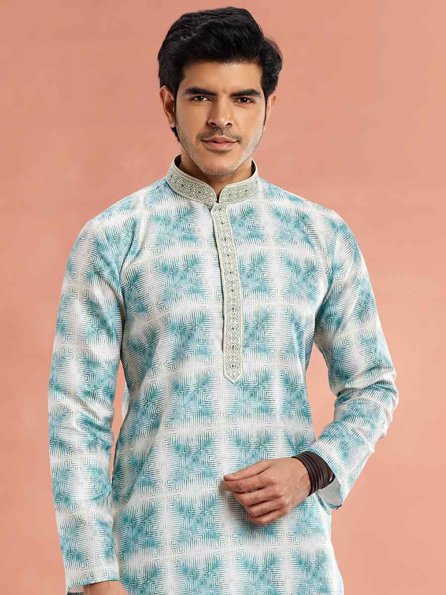 Green Cotton Printed Festival Casual Kurta