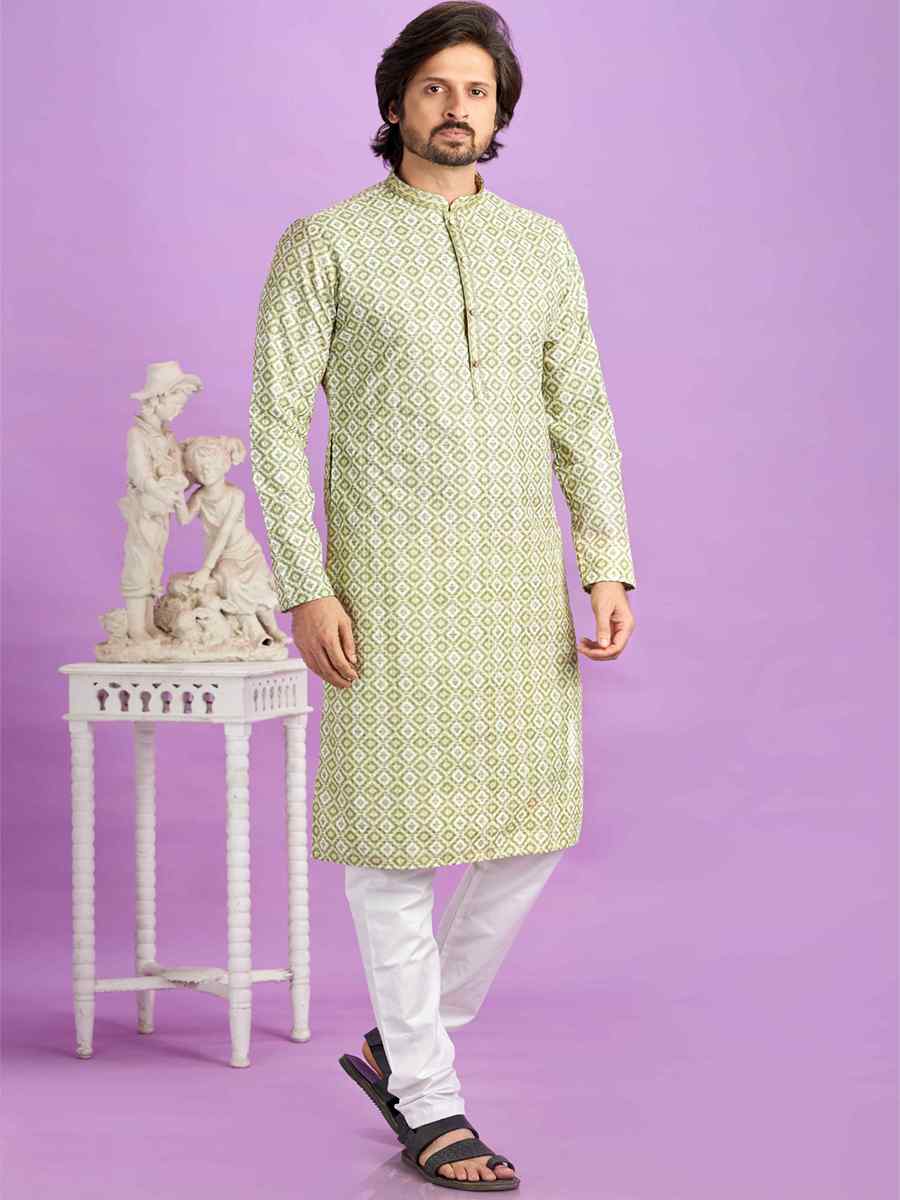 Green Cotton Printed Festival Casual Kurta