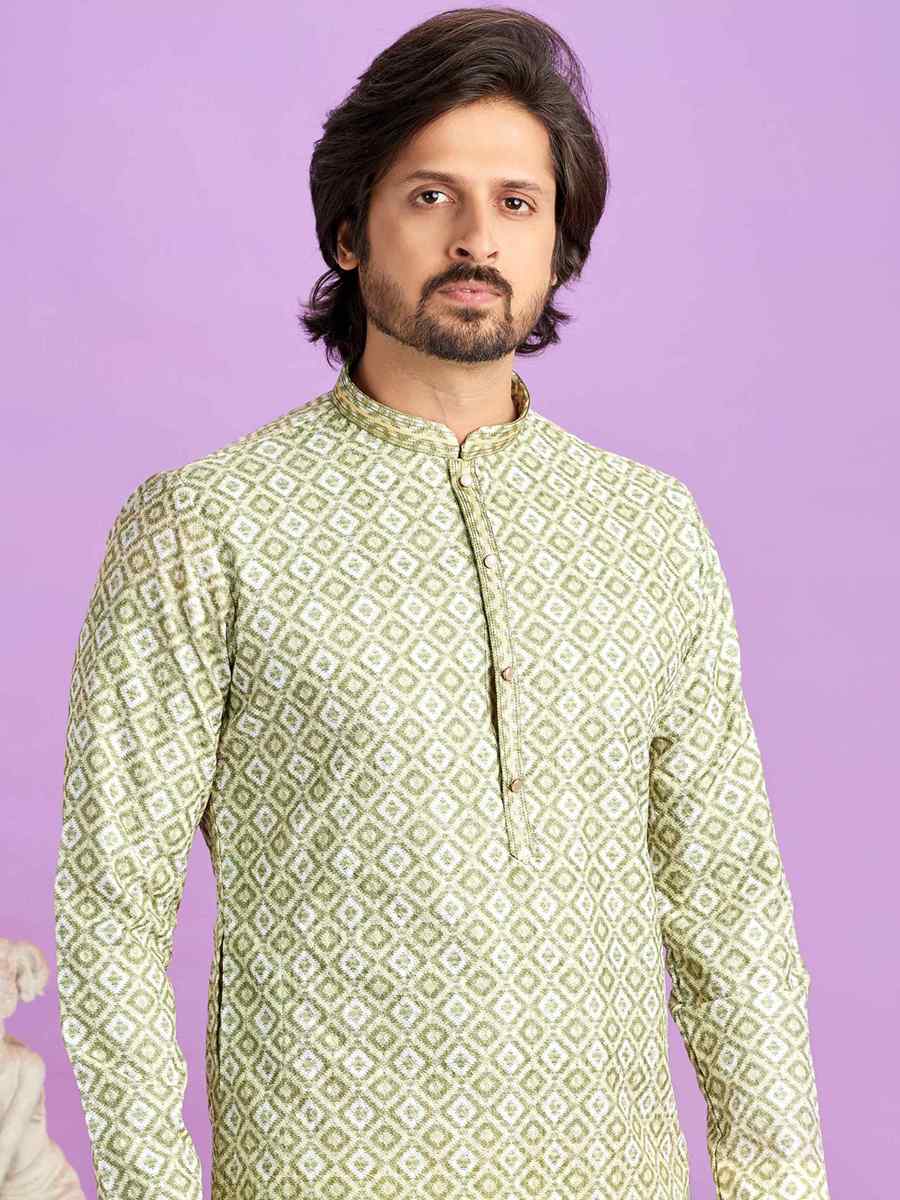 Green Cotton Printed Festival Casual Kurta