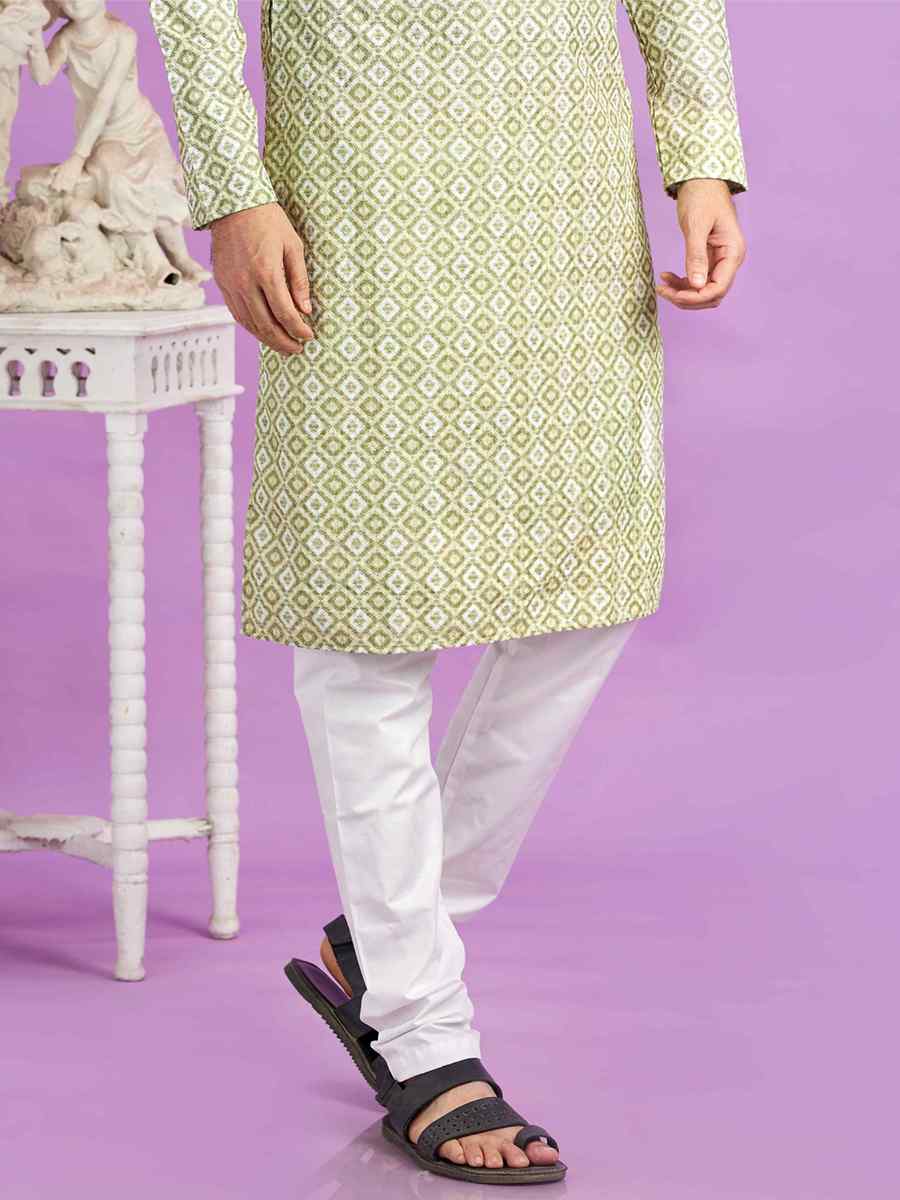 Green Cotton Printed Festival Casual Kurta