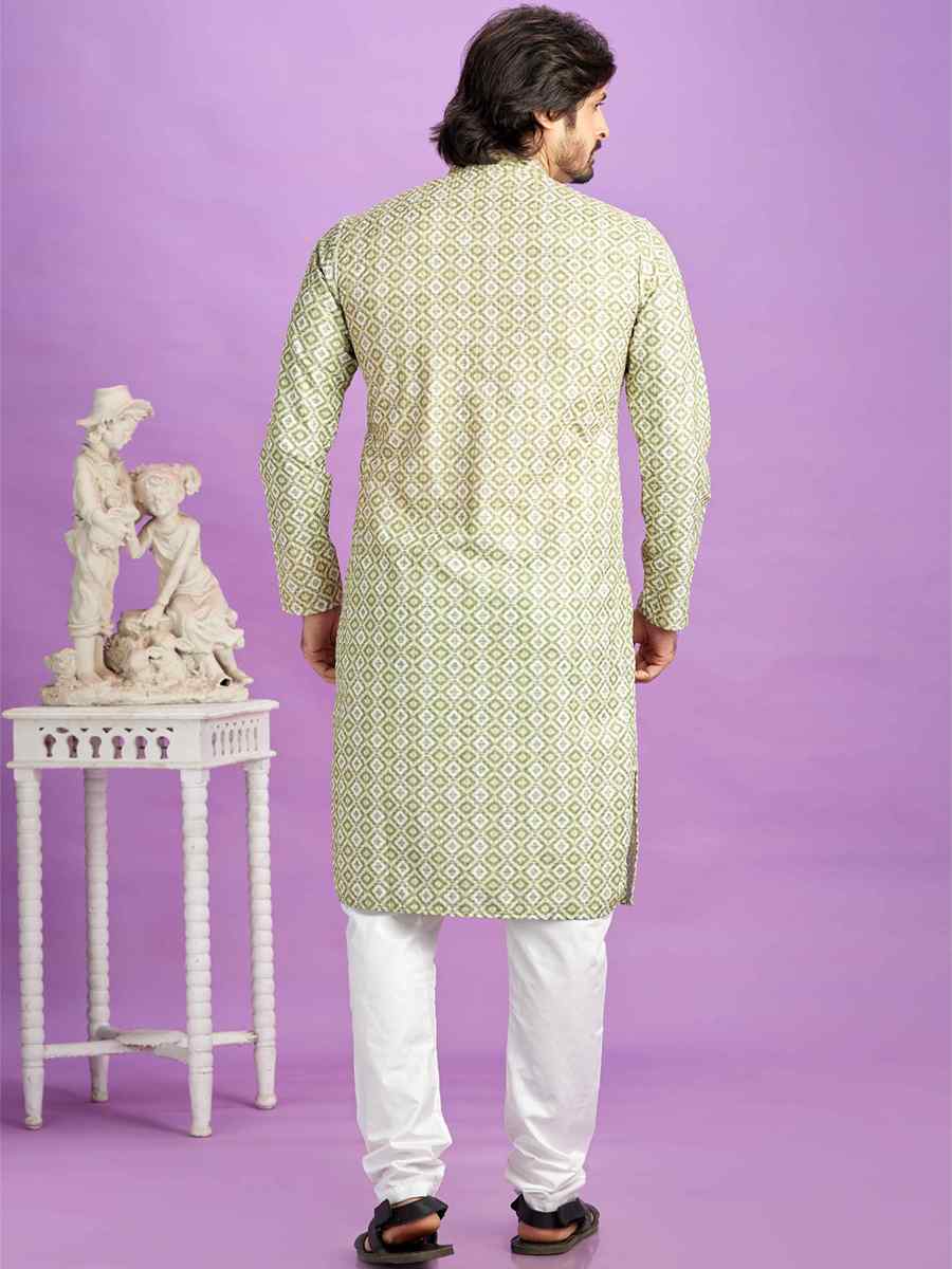 Green Cotton Printed Festival Casual Kurta
