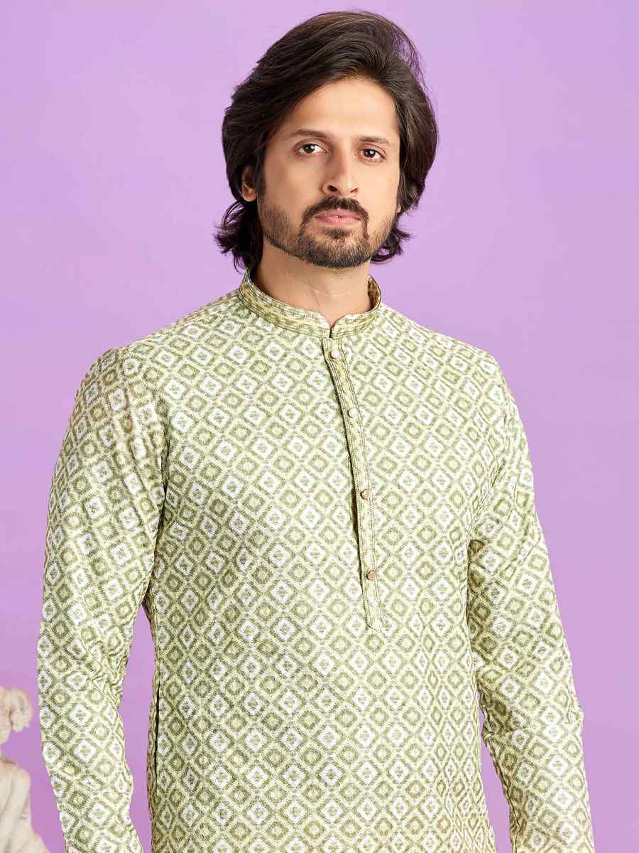 Green Cotton Printed Festival Casual Kurta