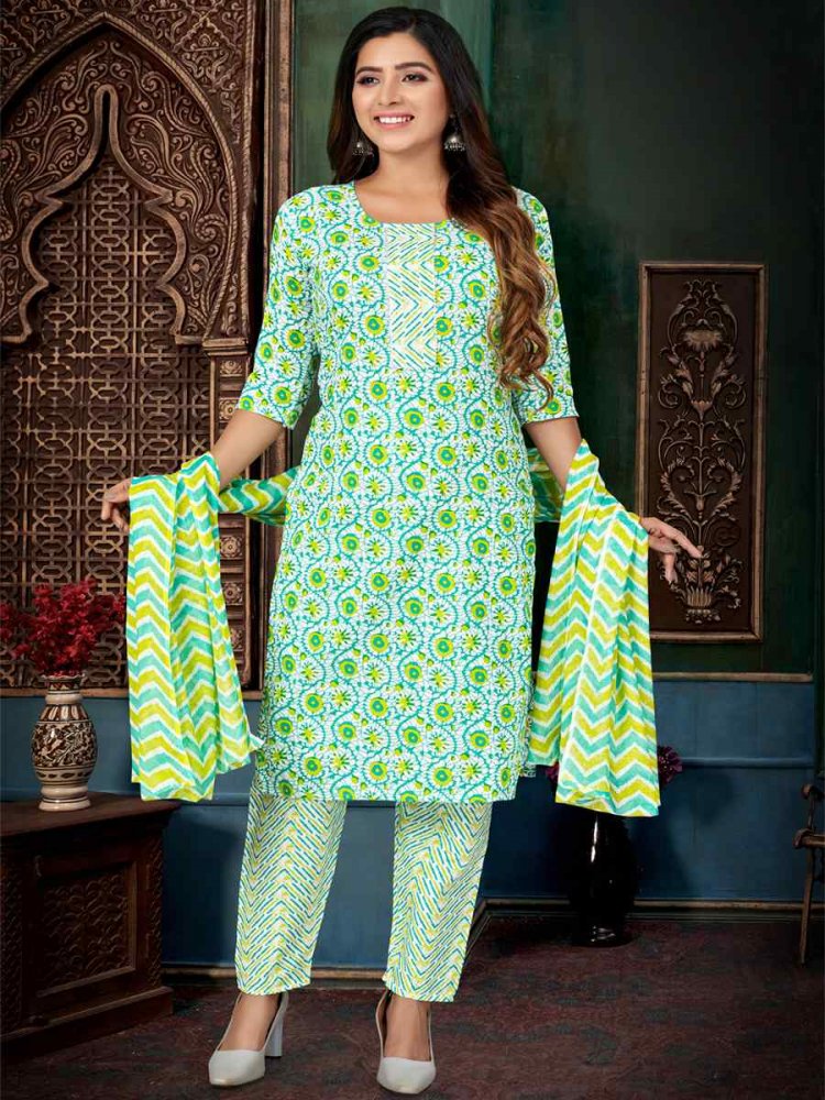 Green Cotton Printed Festival Casual Pant Salwar Kameez