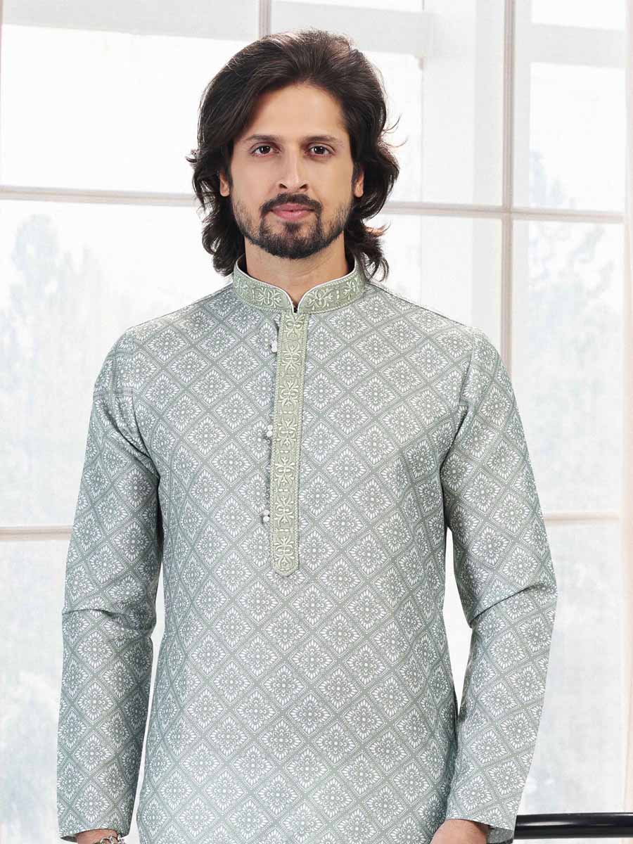 Green Cotton Printed Festival Mehendi Kurta