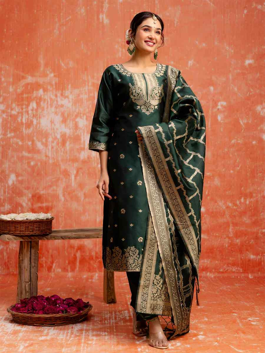 Green Cotton Silk Blend  Embroidered Festival Wedding Ready Pant Salwar Kameez