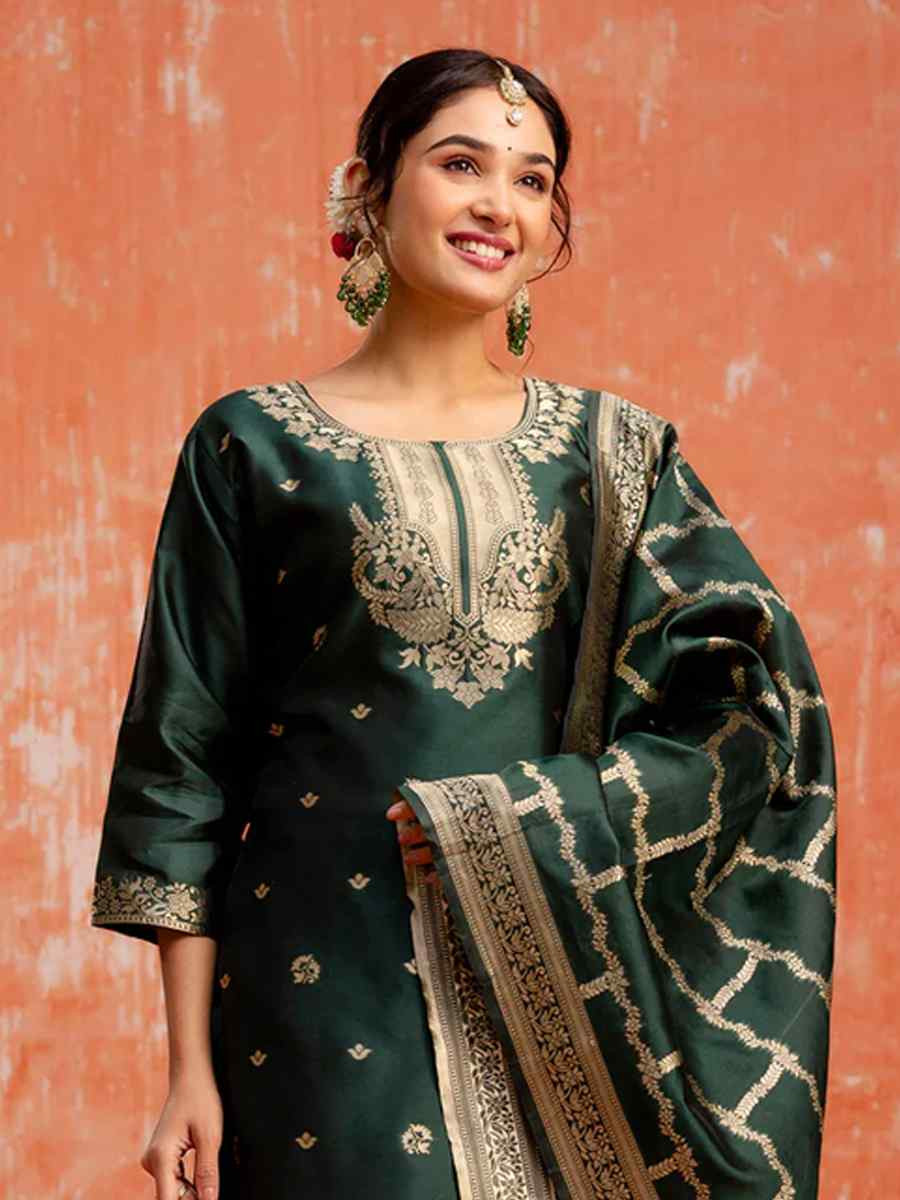Green Cotton Silk Blend  Embroidered Festival Wedding Ready Pant Salwar Kameez