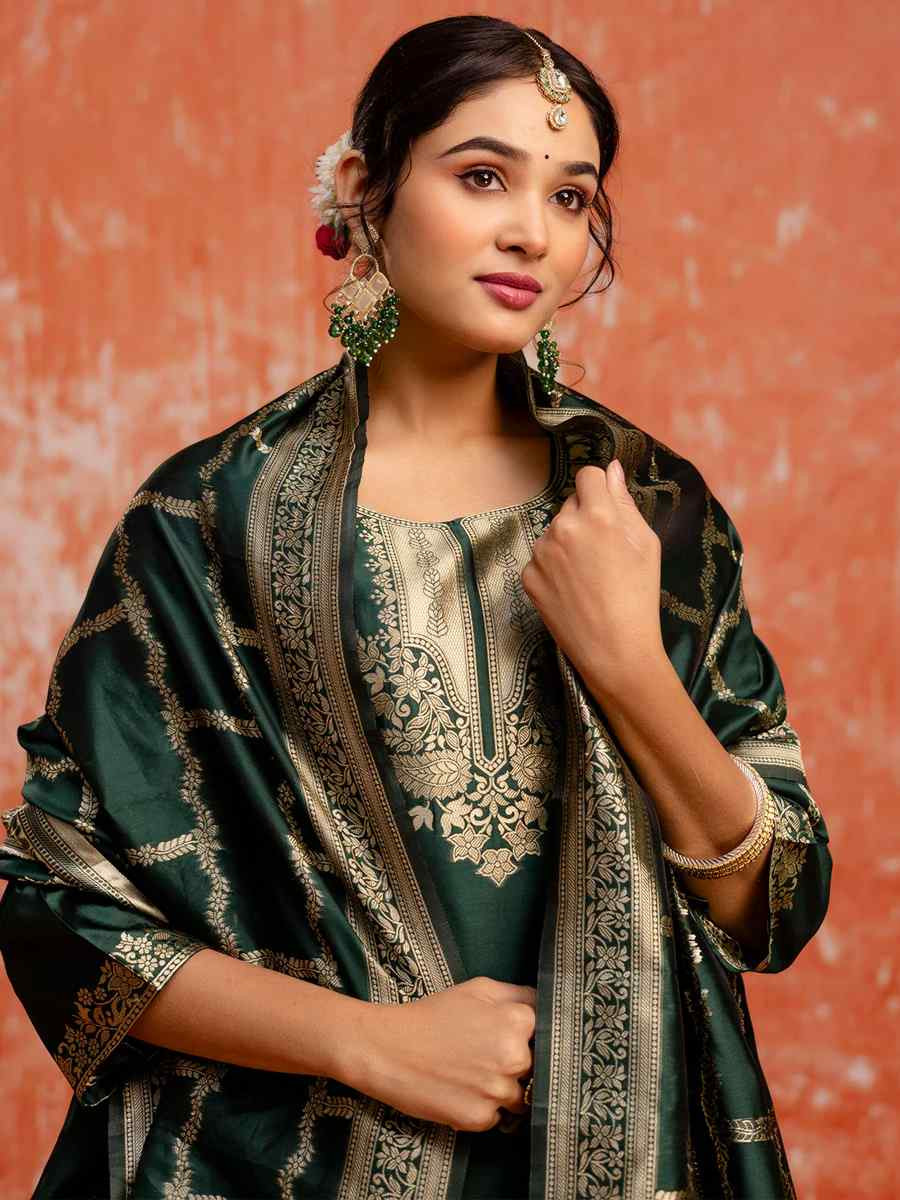 Green Cotton Silk Blend  Embroidered Festival Wedding Ready Pant Salwar Kameez