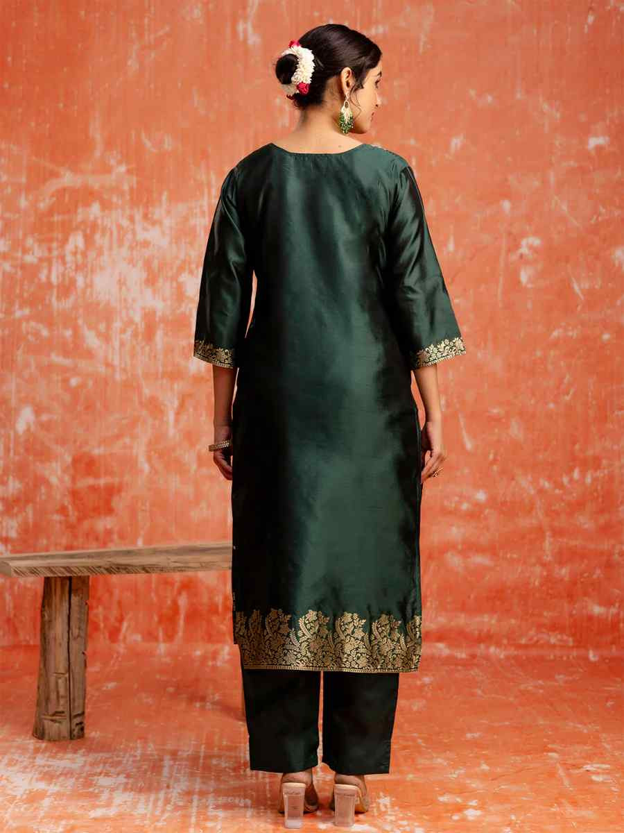 Green Cotton Silk Blend  Embroidered Festival Wedding Ready Pant Salwar Kameez